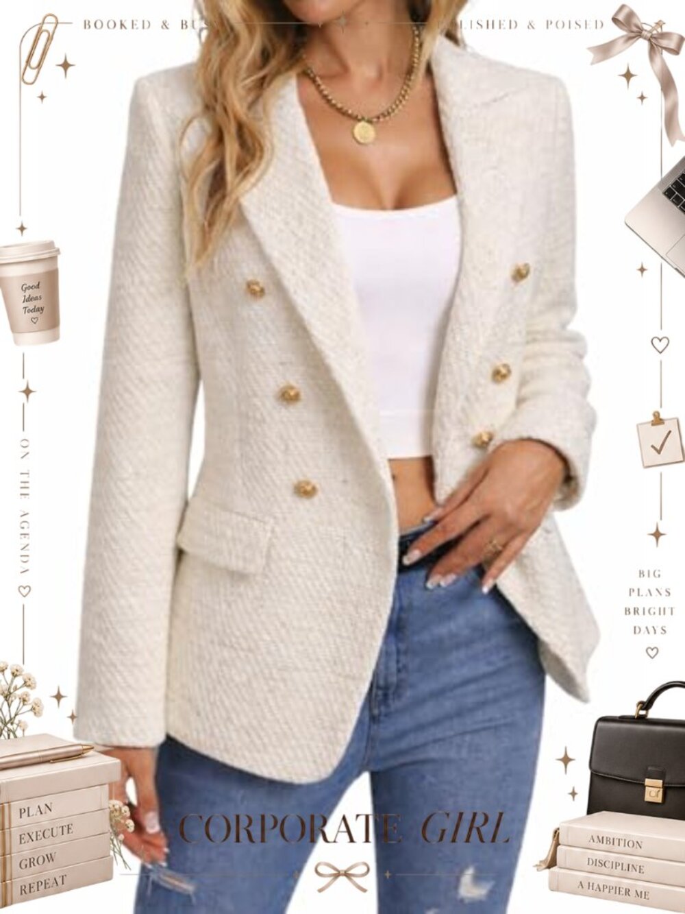 Women's Tweed Blazer Jacket Open Front Business Casual Work Suit Top